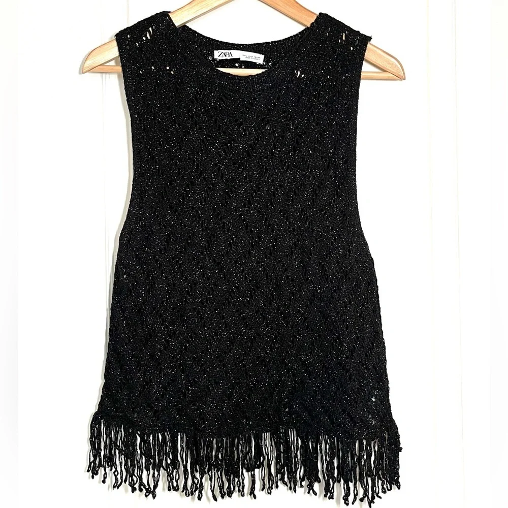 Zara Black Crochet Knit Fringe Hem Top Metallic Thread Festival Wear Boho Chic - Picture 1 of 9